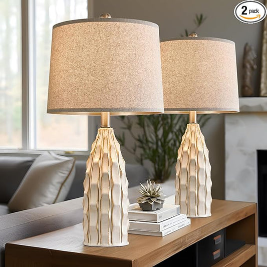 USumkky Ceramic Table Lamps Set of 2, 23.75" Modern Farmhouse Bedside Lamp - Cream Nightstand Lamps for Bedroom, Boho Living Room End Tables, Small Office Desk Lamp Decor