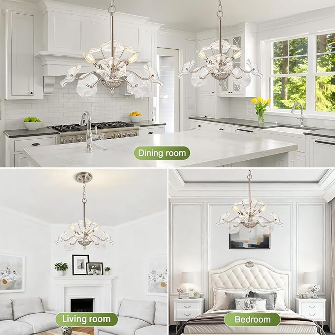 Luvkczc Modern Brushed Nickel Chandelier,Vintage Flower Glass Pendant Light Fixture,Mid Century Ceiling Light Fixture for Dining Room, Kitchen, Living Room, Bedroom Hallway Porch,3 Lights