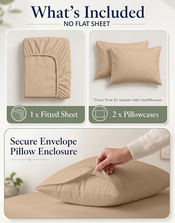 LANE LINEN 100% Organic Cotton Fitted Sheet Queen (+Pillowcases), Soft & Comfy Breathable Naturally Cooling Low Pill Oeko Tex Certified Queen Deep Pocket 15" - Taupe