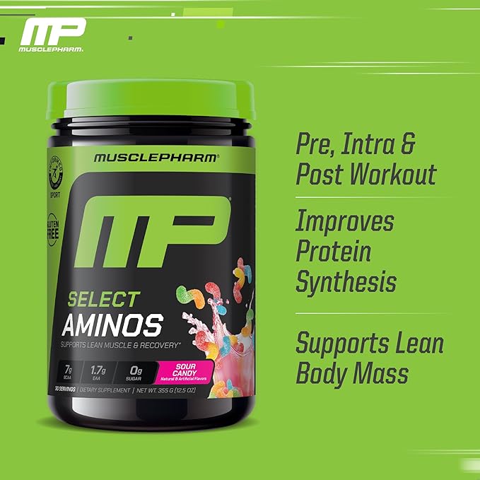 MusclePharm Select Amino's EAA + BCAAs, Post Workout Essential Amino Acids Powder, Pre Workout Energy Supplement for Men & Women with Branched Chain Amino Acids, 30 Servings (Sour Candy)
