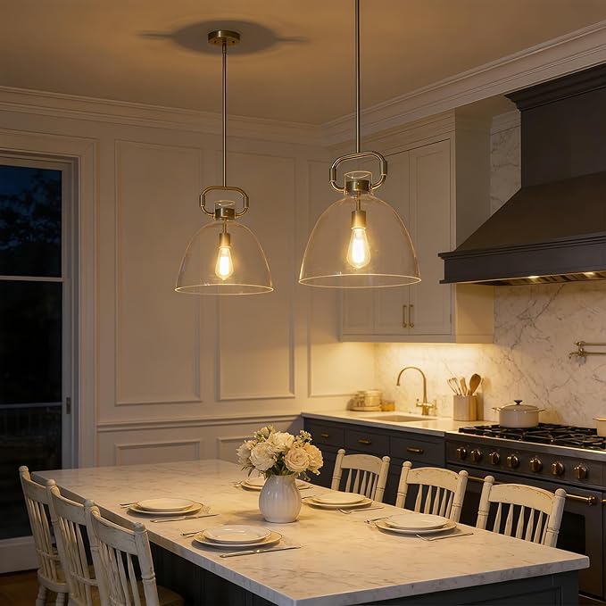 14’’ Large Glass Pendant Lights Kitchen Island, 1-Light Modern Gold Kitchen Island Lighting, Adjustable Antique Brass Hanging Pendant Light Fixture for Dining Room Bedroom Hallway E26
