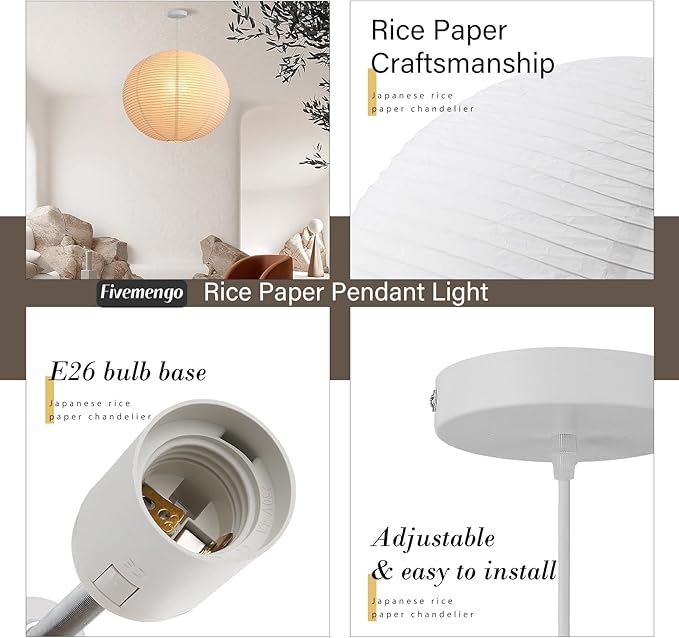 Large Rice Paper Pendant Light 2 Pack, 20in White Globe Paper Lantern Lights, E26 Base, Japanese Hanging Lantern Lamp Japandi Chandelier for Dining Room Bedroom Office Living Room