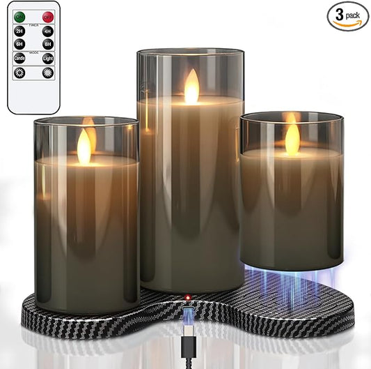 GenSwin Rechargeable Candles with Charging Station, Glass Flameless Candles with Remote, LED Pillar Flickering Candle Battery Operated for Halloween Christmas Home Party Decor(Pack of 3, Gray)