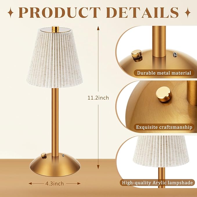 Liliful 2 Pcs Cordless Table Lamp Rechargeable Touch LED Small Gold Portable Battery Operated USB-c Desk Lamp 3 Color Dimmable for Bedroom Living Room Dining (Gold,Linen Fabric)