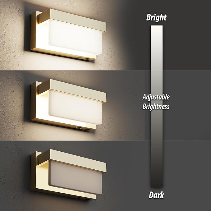Battery Wall Sconce Champagne Gold Wall Light with On/Off Switch 8 inch LED Wall Lamp Acrylic Lampshade 3CCT Sconce Wall Lighting