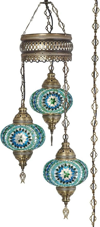 DEMMEX Plug-in Turkish Hanging Lamp, Handmade Moroccan Mosaic Chandelier Pendant Light Fixture with 15-ft Cord & Chain, Decorative Ceiling Lamp for Living Room, Bedroom, 3 Large 7'' Globes, 3.5 ft.