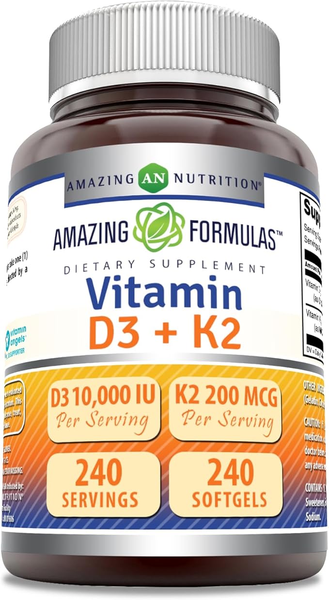 Amazing Formulas Vitamine D3 10000 UI avec Vitamine K2 200 Mcg | Complément Complexe D3 + K2 | Sans OGM | Sans Gluten | Fabriqué aux USA (1 Paquet, 240 Comprimés)
