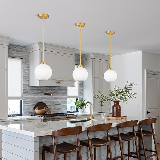 2 Pack 22"-50" Height Adjustable Glass Pendant Lights Kitchen Island, Globe Brushed Gold Pendant Lights with Milk Glass Shade, Mid Century Pendant Light Fixtures Kitchen Pendant Lighting over Island