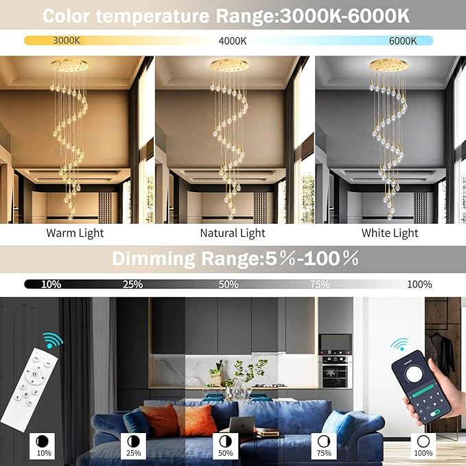 36 Light Modern Glam Crystal Chandelier for High Ceiling LED Dimmable Ceiling Pendant Light Staircase Foyer Enterway Living Room Chandelier Lighting Antique Gold