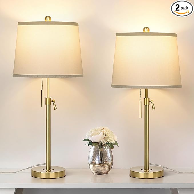 JUNNAI 2 Pack 22"-30" Adjustable Height Table Lamps Set, Modern Gold Table Lamps with White Shade 3 Colour Temperature Pull Chain Tall Lamps for Living Room Bedroom Bedside End Table Nightstand
