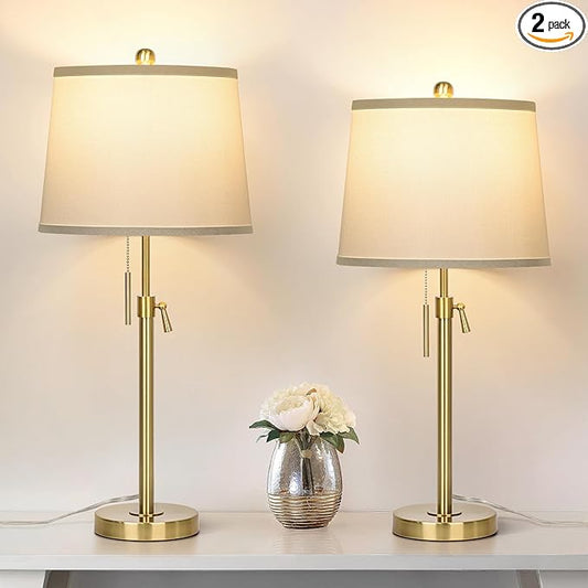 JUNNAI 2 Pack 22"-30" Adjustable Height Table Lamps Set, Modern Gold Table Lamps with White Shade 3 Colour Temperature Pull Chain Tall Lamps for Living Room Bedroom Bedside End Table Nightstand