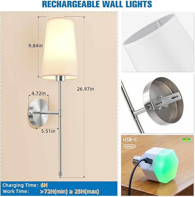 NIORSUN Brushed Nickel Battery Operated Wall Sconce Set of 2,Rechargeable Wall Lights with 10400mAh Dimmable Detachable Bulbs and Remote,9 Colors Wireless Sconces for Bedroom Living Room Hallway
