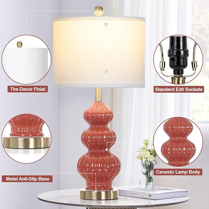 26" Triple Gourd Ceramic Table Lamps Set of 2,Modern Orange Bedside Lamps USB A+C Ports & AC Outlet -Ceramic Nightstand Lamps for Bedroom, 3 Way Touch Control Contemporary Living Room End Tables