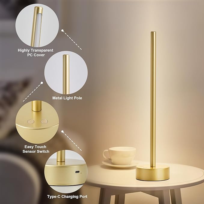 KARTOOSH Cordless LED Table Lamp Set of Two, Battery Operated Portable Desk Lamp,Dimmable/3 Color/Memory Function,Modern Rechargeable Table Light for Living Room,Bedroom,Bedside,Gold, 2 Pack
