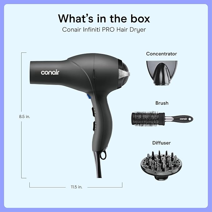 Conair Salon Hair Dryer | 1875W AC Motor for All Hair Types, Includes Bonus Round Brush, Concentrator, Diffuser, Black with Bonus Brush, 259AMRY