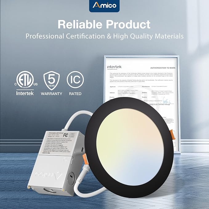 Amico 20 Pack 6 Inch 5CCT Ultra-Thin LED Recessed Ceiling Light with Junction Box, 2700K-5000K Selectable, 12W Eqv 110W, Dimmable Can-Killer Downlight, 1050LM Wafer Lighting, Black-ETL