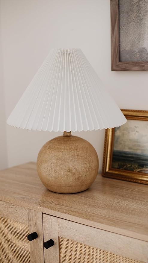 JONATHAN Y 17.25" Beige Wood Finish/White Sphere Table Lamp, Mid-Century Bedside Nightstand with Beige Pleated Linen Shade, Scandinavian Coastal Style, LED Bulb Included (JYL1145B)