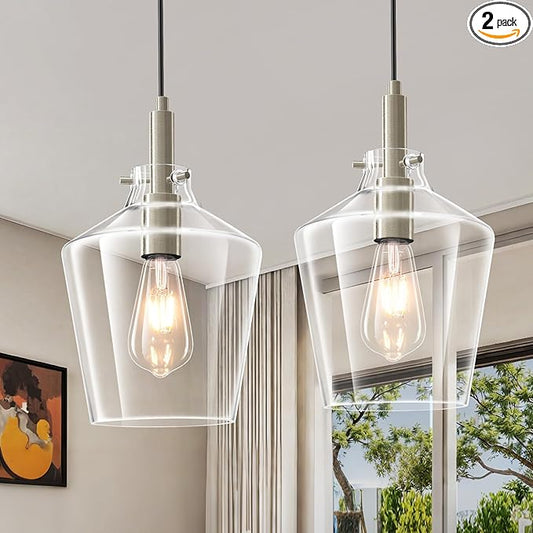 Modern Glass Pendant Light for Kitchen Island 2 Pack, Farmhouse Nickel Pendant Light Fixtures, Adjustable Hanging Ceiling Light Angled Clear Glass Shades 8 Inch