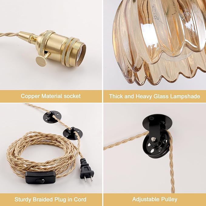 Shenmoyl Plug in Pendant Light Hanging Light Fixture Corded On/Off Switch Brass Pendant Light with Amber Tulip Glass Lampshade for Bedroom Living Room Kitchen Island