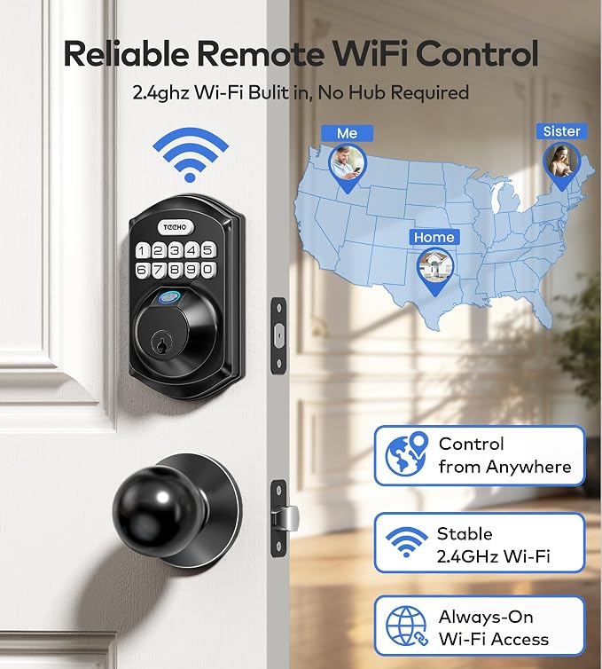 TEEHO TE012W-K WiFi Smart Keyless Entry Door Lock with Handle, Fingerprint Door Knob & Digital Keypad, APP Remote Control, Works with Alexa & Google, Electronic Deadbolt for Front Door, Matte Black