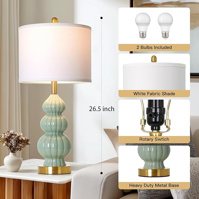 Cinyirong 28" Green Ceramic Table Lamps Set of 2, Modern Bedside Lamps for Night Stands, Triple Gourd Table Lamp for Living Room End Table or Bedroom Nightstand (2 LED Bulbs Included)
