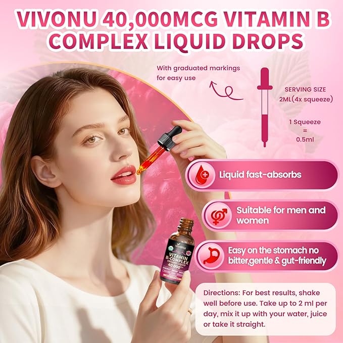 VivoNu ビタミンB複合体リキッドドロップ、メチル化ビタミンB12 6000mcg、B1、B6、B3、B5、B2、葉酸、ビオチン、ビタミンC D A E、マグネシウム、亜鉛、CoQ10配合（エネルギー用、1本）