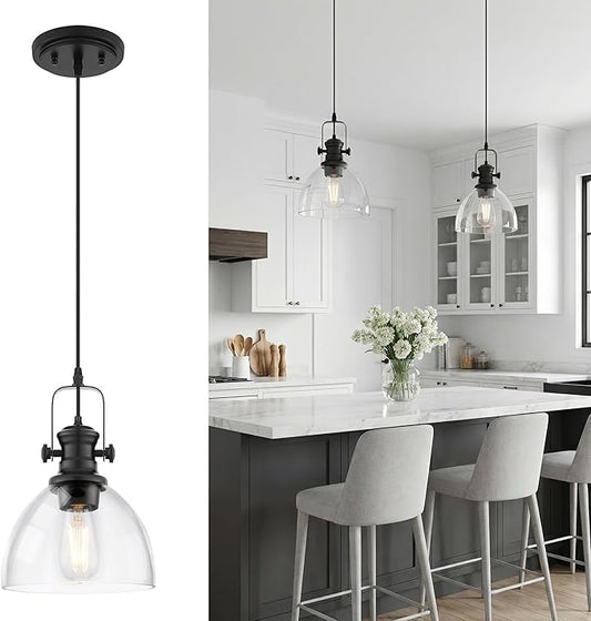 Black Pendant Lights Kitchen Island, 7.5" Farmhouse Pendant Lighting with Clear Glass Shade, Vintage Hanging Light Fixtures for Dining Room Entryway, Adjustable Cord, AD-22151-1P-BK-C