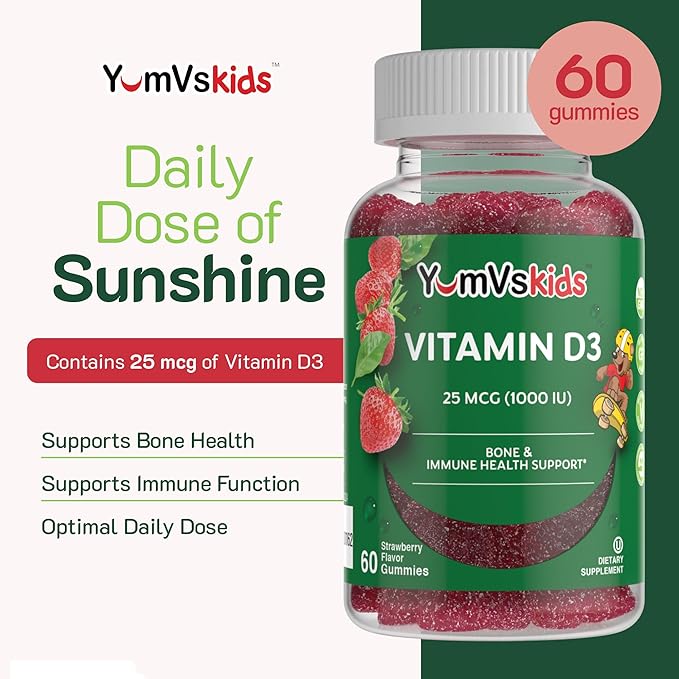 Gummies Vitamine D à croquer YUM-V pour enfants - Vitamine D 1000 UI - Gummies Vitamine D3 - Compléments alimentaires Vitamine D3 pour enfants - Vitamine D3 1000 UI pour enfants - Soutien de la santé osseuse et du système immunitaire (60 unités)
