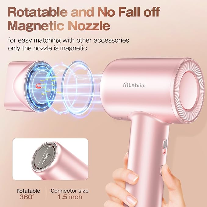 Labiim Hair Dryer, High-Speed Ionic Blow Dryer 110,000 RPM Brushless Motor for Fast Drying, 200M Ions Frizz & Thermo-Control HairDryer with Magnetic Nozzle, Quiet Compact for Home Travel,Rose