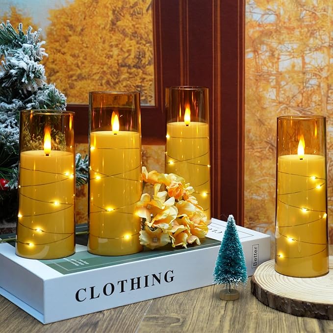 kakoya Flameless LED Candles with Timer 9 Pc Flickering Flameless Candles for Romantic Ambiance and Home Decoration Stable Acrylic Shell,with Embedded Star String，Battery Operated Candles（Gold）
