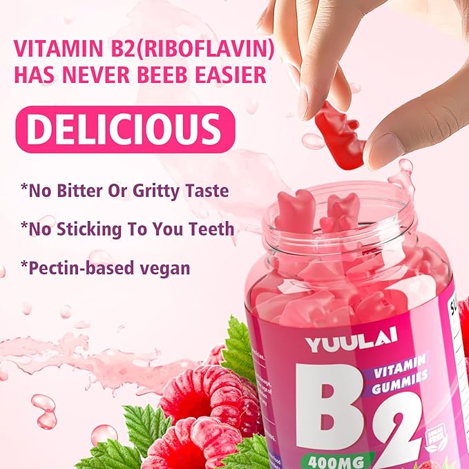 Paquet de Gommes de Vitamine B2 400mg | Supplément de Riboflavine avec Magnésium pour Enfants et Adultes, Gommes B2 pour le Soulagement de la Migraine, la Santé du Système Nerveux et de la Peau, Végétalien, Sans Sucre, Saveur Framboise, 120 Unités