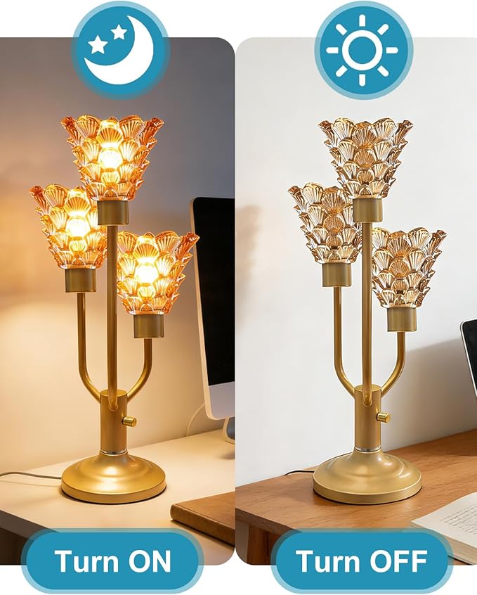 Mid Century Modern Table Lamp Nightstand Lamp Dimmable Gold Vintage Desk Lamp with Brown Glass 3 Bulbs Included Warmwhite Ambient Bedside Lamps for Living Room Bedroom Office Home Decor