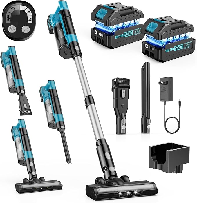 700W Cordless Vacuum Cleaner, 60kPa Portable Stick Vacuum with 3 Modes, 2 * 4.0Ah, 6 in 1 Brushless Motor for Floor, Carpet, Car, Teal and Black