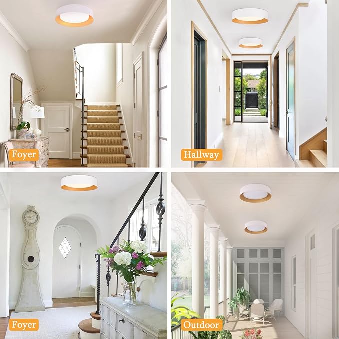 Bargeni 16.5" White Gold Flush Mount Ceiling Light, Dimmable LED Fixture | 30W LED ceiling light with 3000K warm white glow, ideal for hallways, closets, bedrooms and entryways