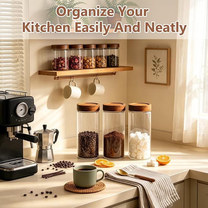 KEYWING 46 fl.oz Glass Storage Jars with Lids, 3 Pack Food Storage Containers For Pantry Organization, Kitchen Airtight Round Canister Set for Cookie, Rice, Flour, Sugar, Snack, Coffee Bean