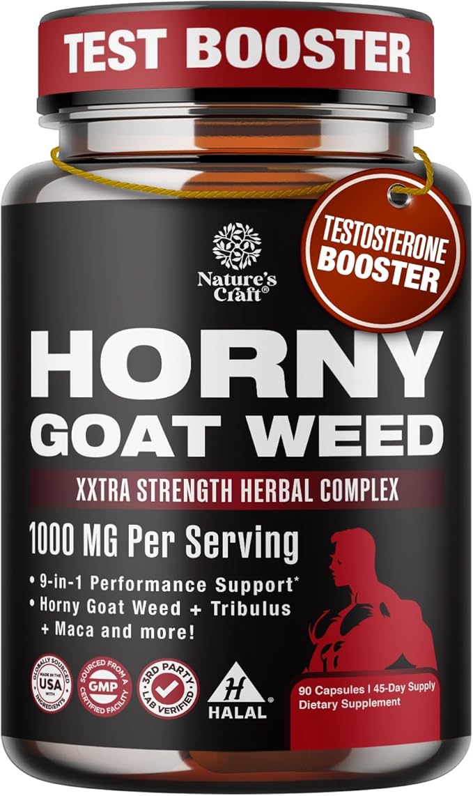 Natures Craft Horny Goat Weed for Men - Extra Strength Male Supplement with Black Maca Root, Tongkat Ali, Saw Palmetto & Panax Ginseng Extract for Stamina & Energy - 90 Count