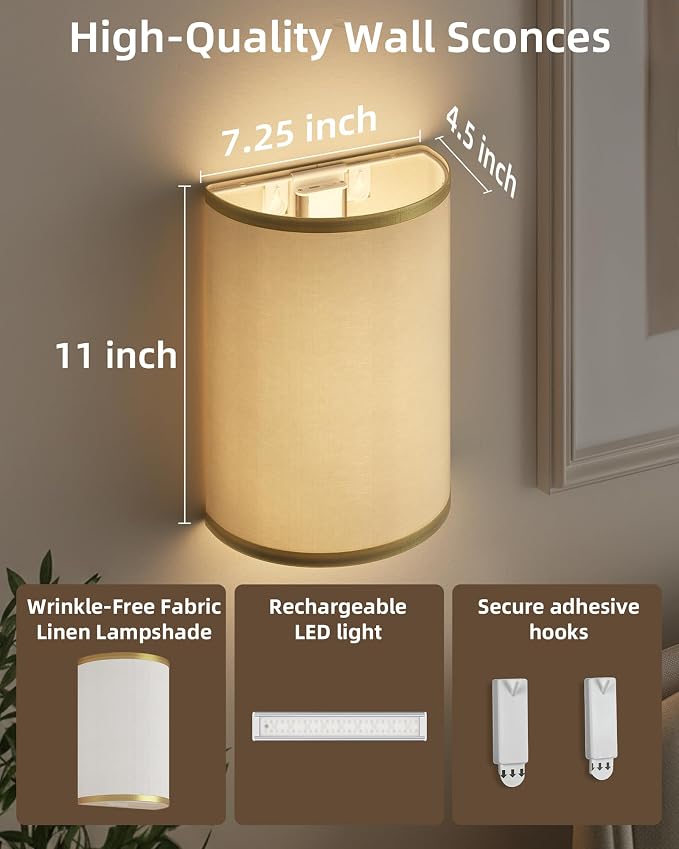 EZVALO Battery Operated Wall Sconce, Wireless Wall Sconces Set of Two with Remote, 3 Color & 80 RGB Rechargeable Wall Lights, Dimmable, Timer, Fabric Linen Shade Wall Decor for Bedroom (White)