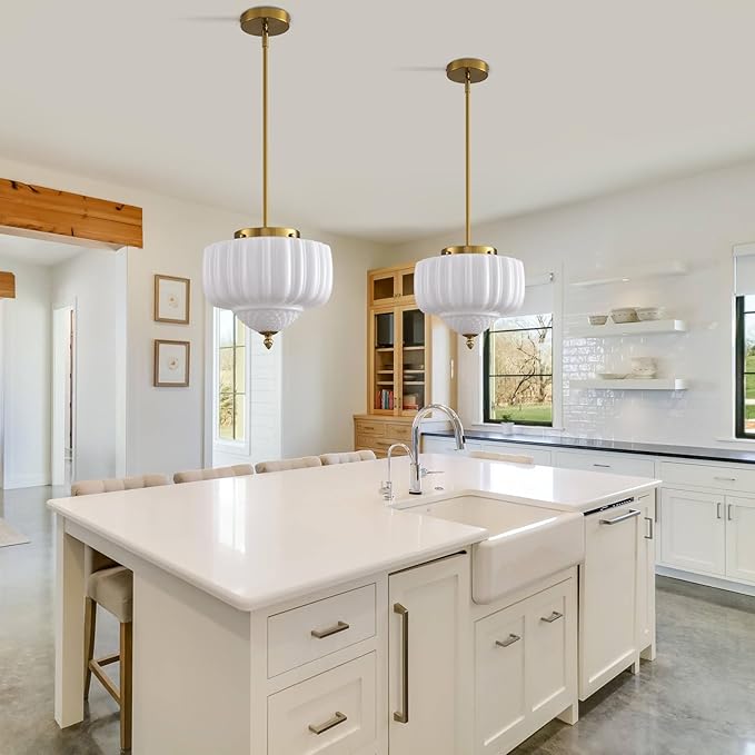 Glass Pendant Light, 13.78 inch Pendant Light Fixture with Milky White Floral Lightshade, Height Adjustable Brushed Gold Vintage Hanging Lamp for Dining Room Kitchen Island Bedroom Livingroom Entryway