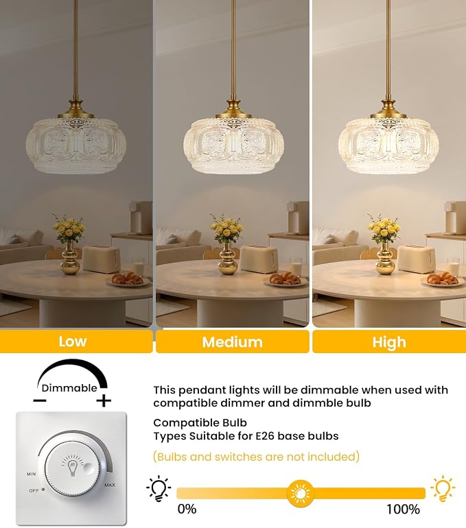 Semi Flush Mount Ceiling Light, Gold Pendant Lights Kitchen Island | 12" Large Clear Glass Shade, Vintage Pendant Light Adjustable Hanging Light for Kitchen Island Bedroom Hallway Bathroom