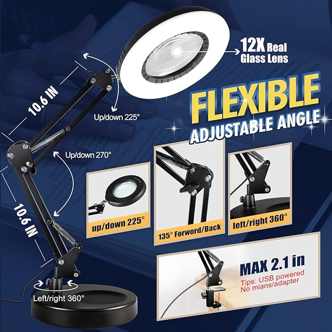 12X Magnifying Glass with Light and Stand, 144 LEDs Brightest Desktop Magnifying Lamp, 10 Dimmable Brightness 5 Color Modes, Hands Free Metal Swing Arm Desk Lamp for Craft Reading Painting (black)