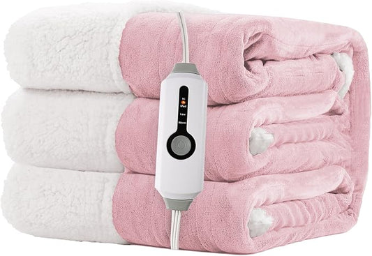 Electric Heated Blanket Twin Size 62"x84" – ETL Certified for Safe Overnight, 4 Heat Settings & 10H Auto Off, Dual-Sided Microplush Sherpa for Home Theater Night, Machine washable – Light Pink