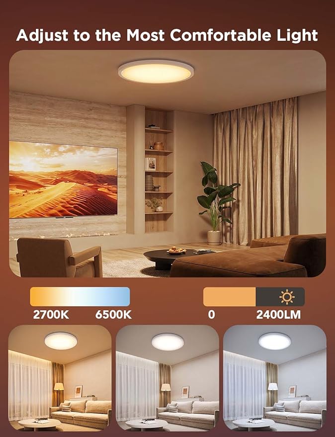 Govee Smart Ceiling Light, RGBIC LED Ceiling Light Fixture, 2400LM Flush Mount Light Fixture, DIY Colors, Works with Matter Alexa, 2700K-6500K Lights for Bedroom, Living Room,12 Inch, 1 Pack (White)