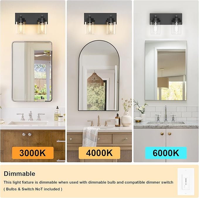 IZORRO Bathroom Vanity Light Fixture, 2-Light 15 Inch Matte Black Bathroom Light Fixtures Over Mirror, with Clear Glass Shade, Modern Farmhouse Vanity Lights, Rustic Restroom Lighting Fixtures