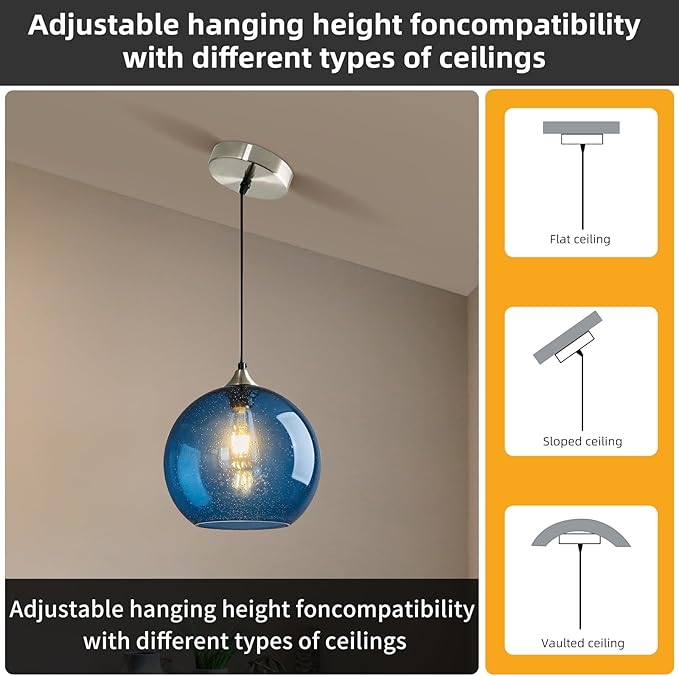 Modern 2-Pack Glass Globe Pendant Lights, Blue Modern Pendant Lighting for Kitchen Island, Clear Glass Hanging Lamps for Dining Room Living Room Bedroom, Large 9.85 Inch Fixture (Bulbs Not Included)