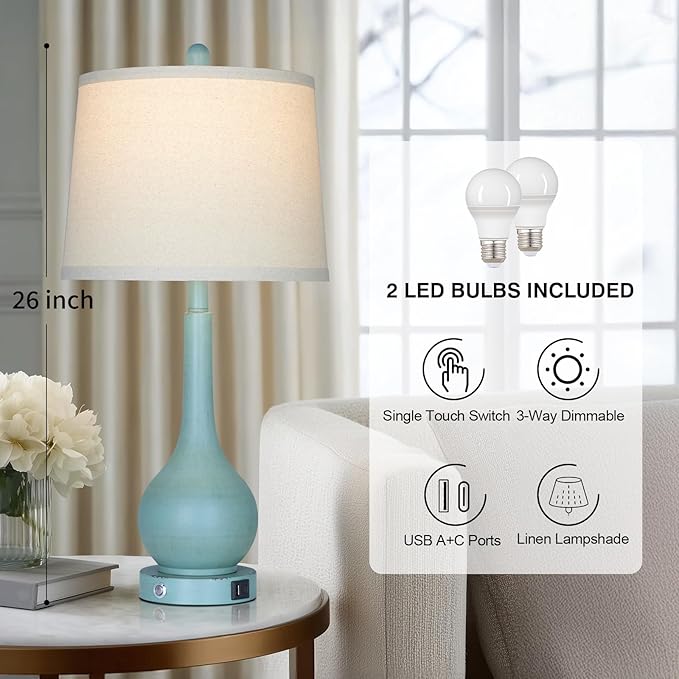 Rinweey 26" Coastal Table Lamps Set of 2, 3-Way Dimmable Touch Control Nightstand Lamps for Bedroom with USB A+C Ports, Modern Farmhouse Bedside Lamp for Living Room, Retro Blue (2 LED Bulbs Included)