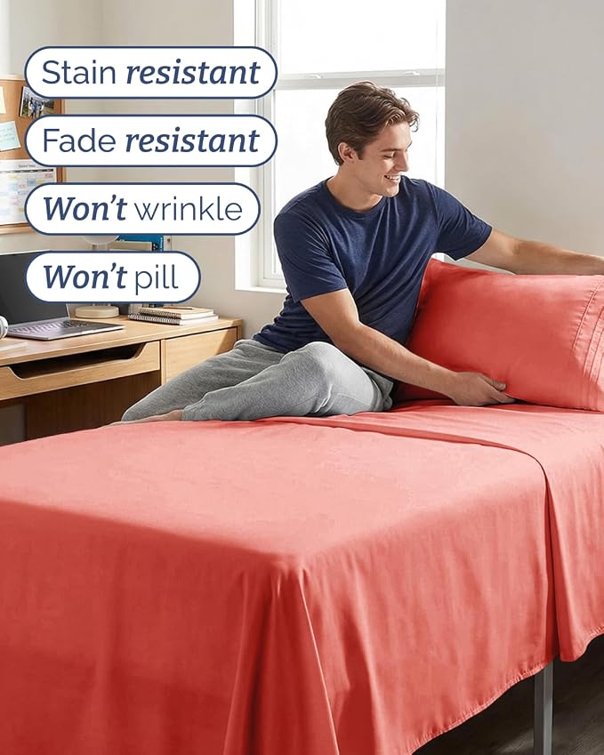 Twin XL 4 Piece Sheet Set - Comfy Breathable & Cooling - Ultra Soft Hotel Luxury Bedding Set w/ 8-16 Inch Deep Pockets - 1 Flat & 1 Fitted Sheet & 2 Pillowcases - Wrinkle Free and Easy Care - Coral