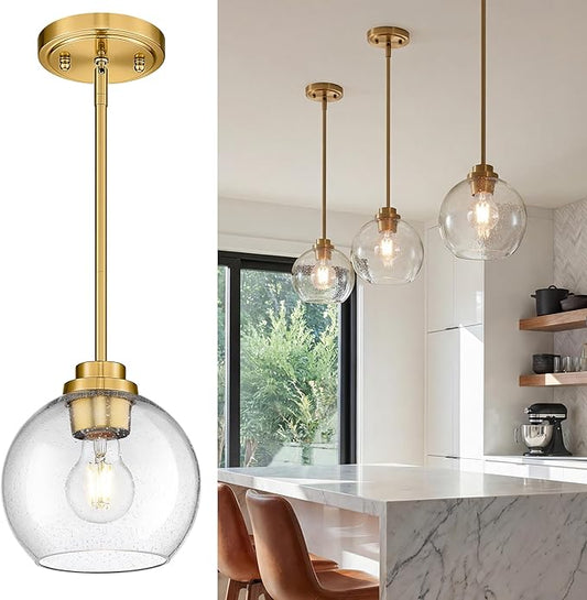 Pendant Lights Kitchen Island, 7" Modern Brushed Gold Hanging Lights Fixtures with Clear Seeded Glass Globe Shade, Kitchen Island Lighting for Bathroom, AD-22280-1P-GD-S