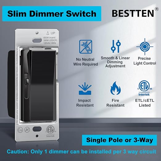 BESTTEN 12 Pack Super Slim Slide Dimmer Light Switch, Single Pole or 3 Way Dimmer Switches, Compatible with LED Dimmable Lamp, CFL, Incandescent, Halogen Bulb, ETL Listed, Black