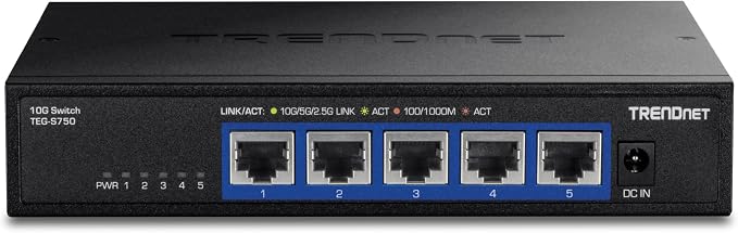 TRENDnet 5-Port 10G Switch, TEG-S750, 5 x 10G RJ-45 Ports, 100Gbps Switching Capacity, Supports 2.5G and 5G-Base-T Connections, Ethernet Splitter, NDAA & TAA Compliant, Lifetime Protection, Black