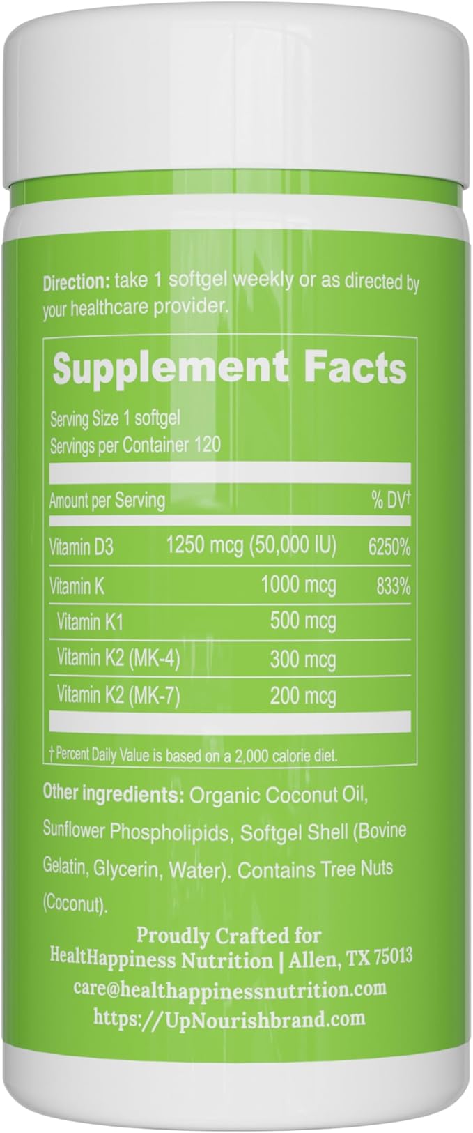 UpNourish リポソームビタミンD3 50000 IU (ビタミンD3 50000) 1000 mcg ビタミンK配合、高用量ビタミンD3 K2、ビタミンD 50000 IU K1、K2 MK-4、MK-7配合、ミニソフトジェル120粒
